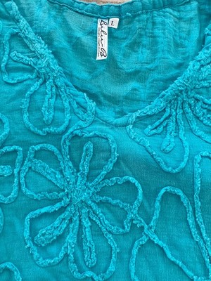 NWT Lulu-B Aqua Chenille Floral Tunic Top Cover Up 100 Cotton 3/4 Sleeve Large
