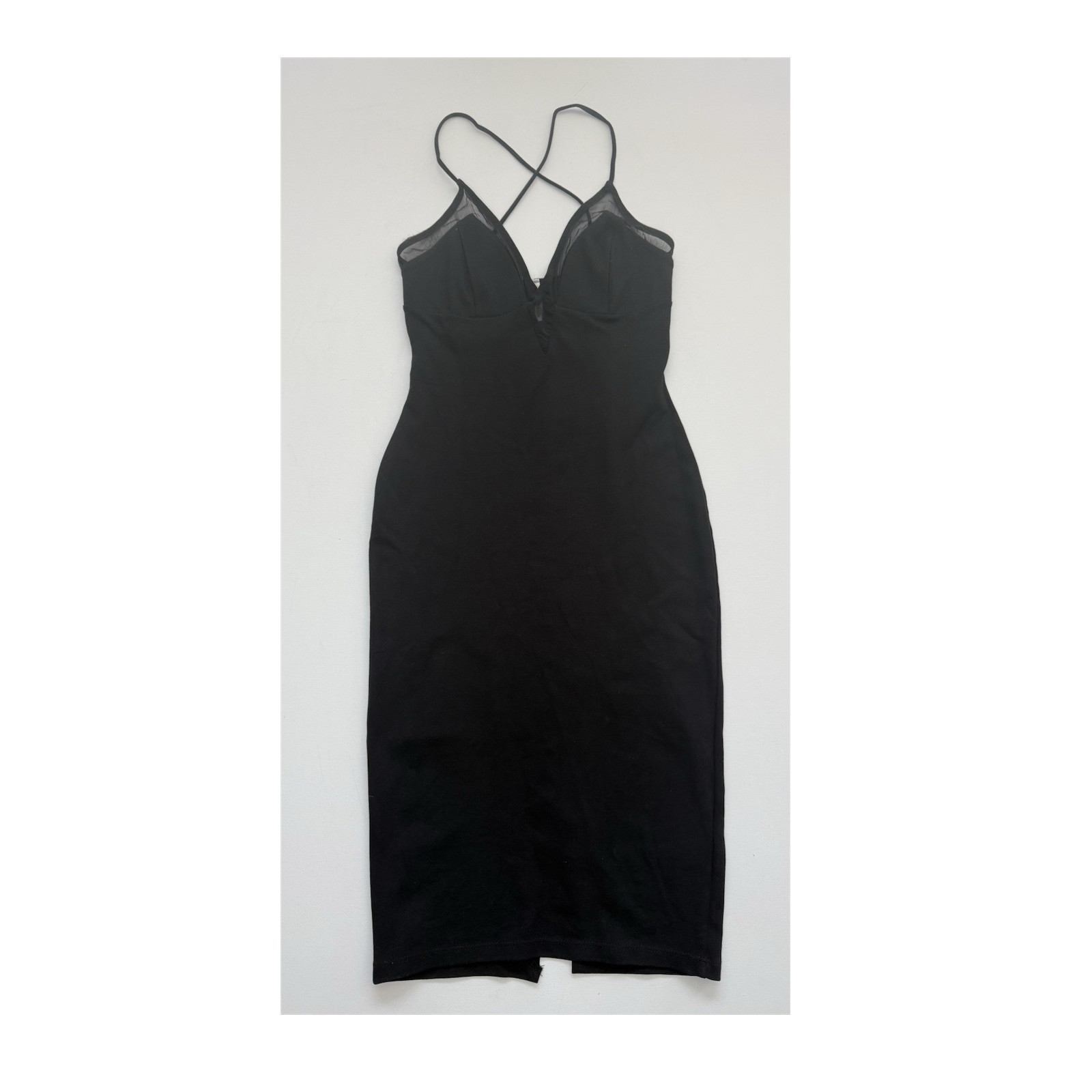 FOREVER 21 Black Mesh Bodycon Midi Dress V Neck Strappy Cut Out Stretch Size M