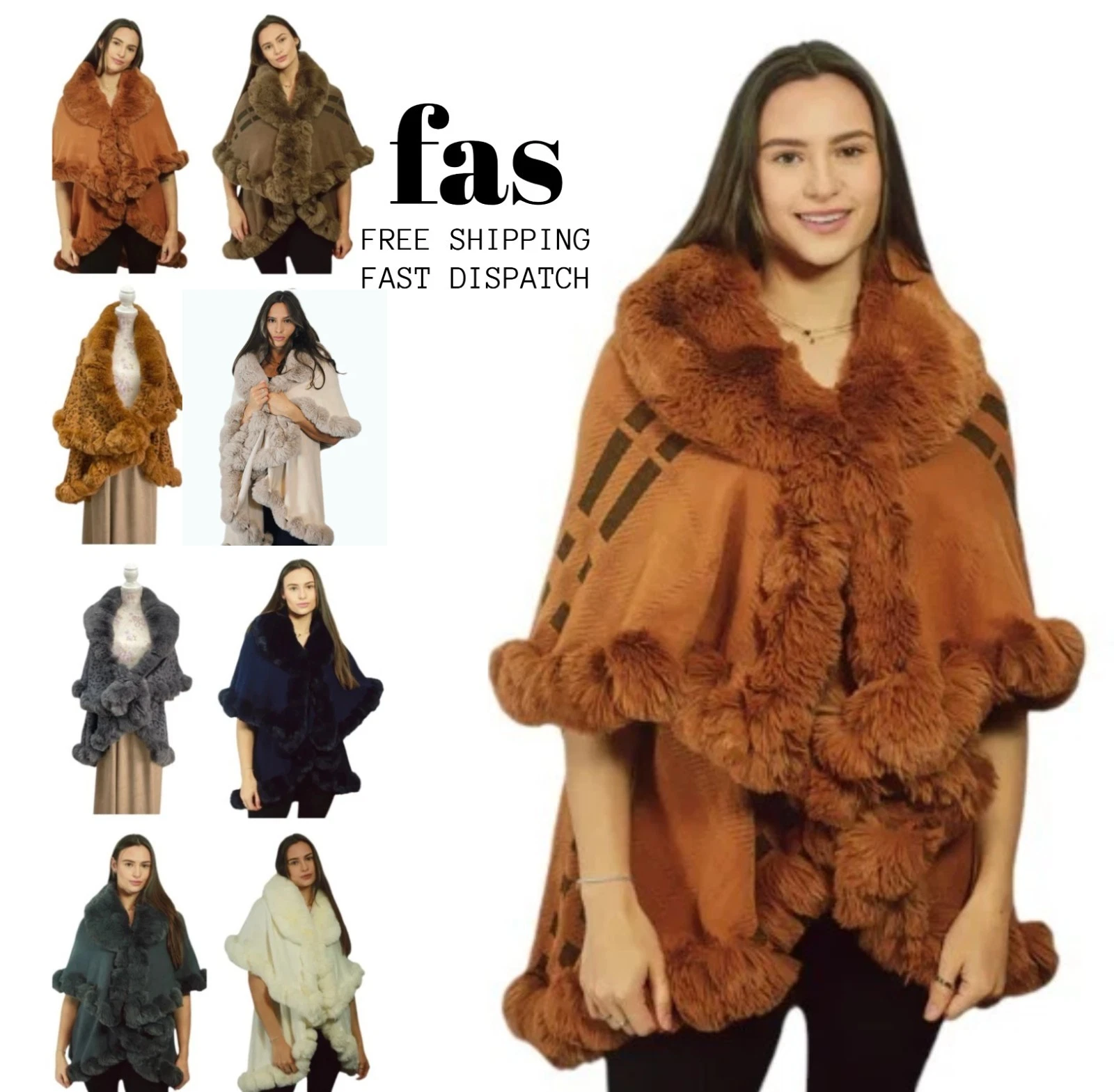 Womens Soft Layered Poncho Fleece Faux Fur Collar & Cuffs Ladies Cape Shawl Wrap