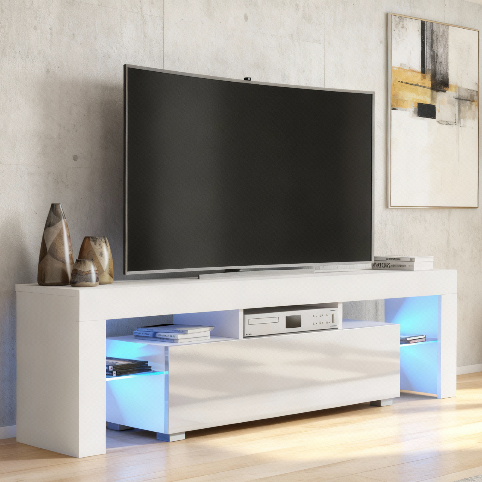 TV Unit TV Stand Cabinet Sideboard White Gloss LED Media Storage Modern TV 160cm