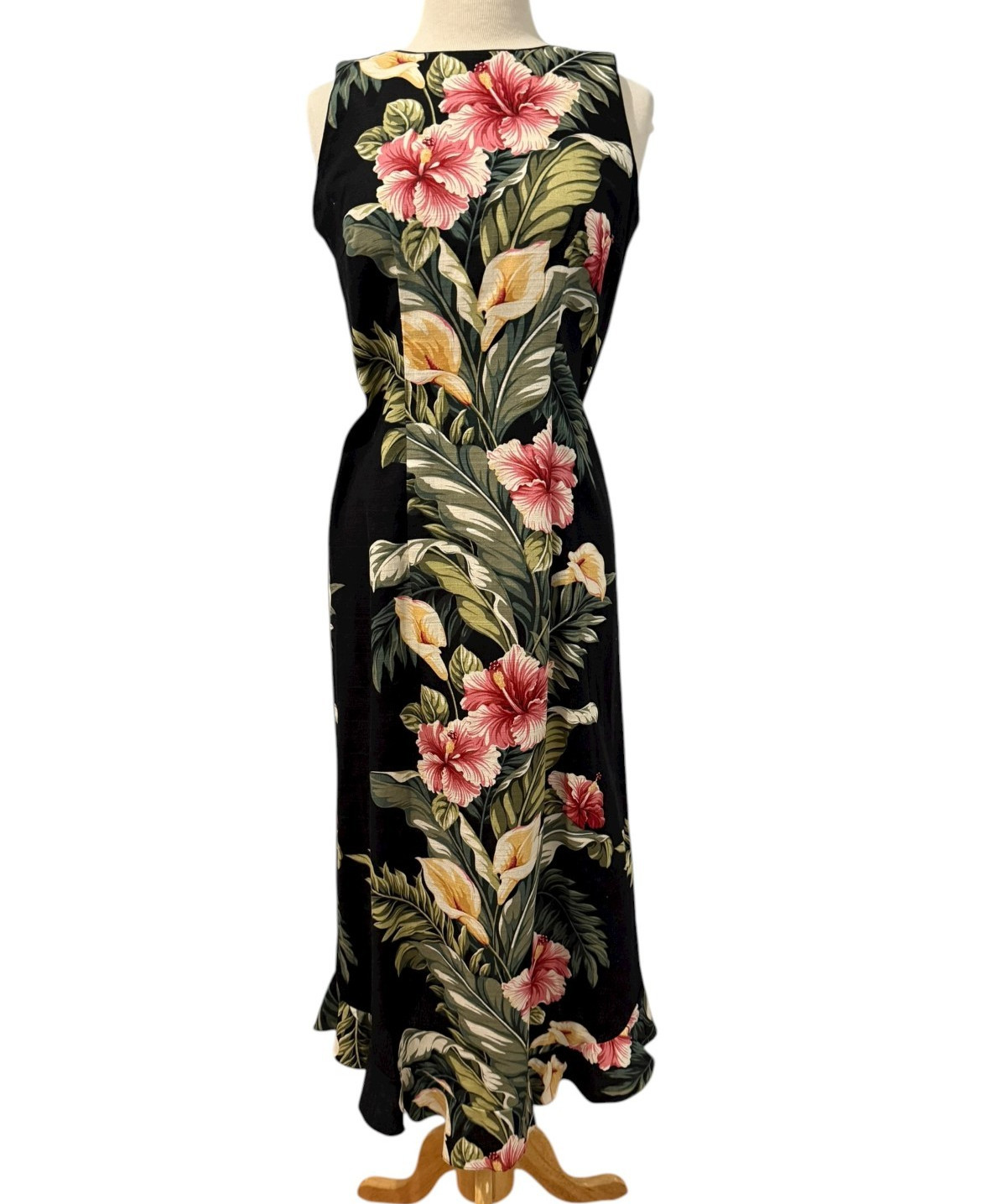 Young Hawaii Tropical Floral Hawaiian Barkcloth Midi Sheath Dress Resort Tiki S