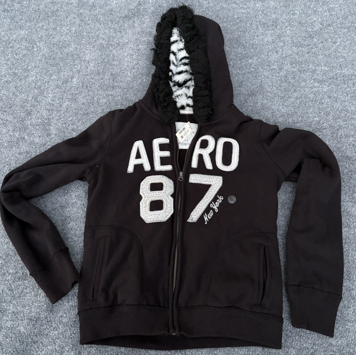 Vintage Aeropostale 87 Y2K Zebra FAUX FUR Lined Hoodie Black Zip