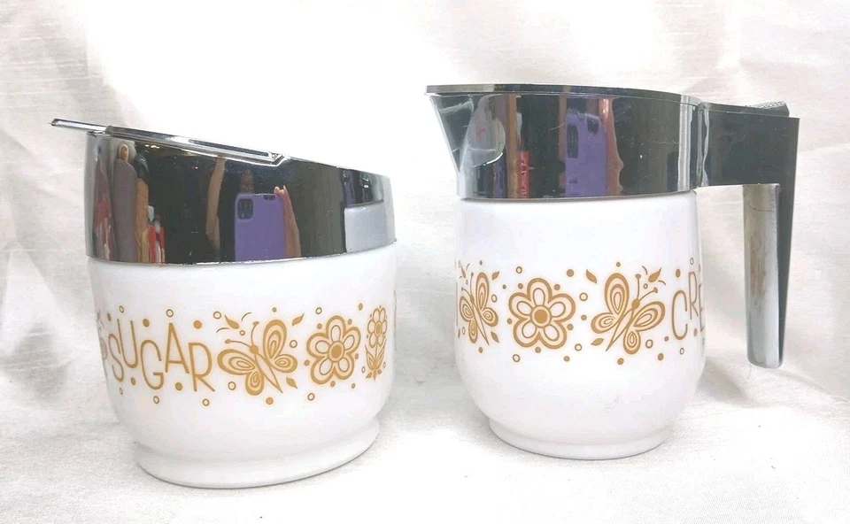 Vtg Gemco Gold Butterfly Pattern Cream and Sugar Set 1970s Excellent  - Image 2 of 4