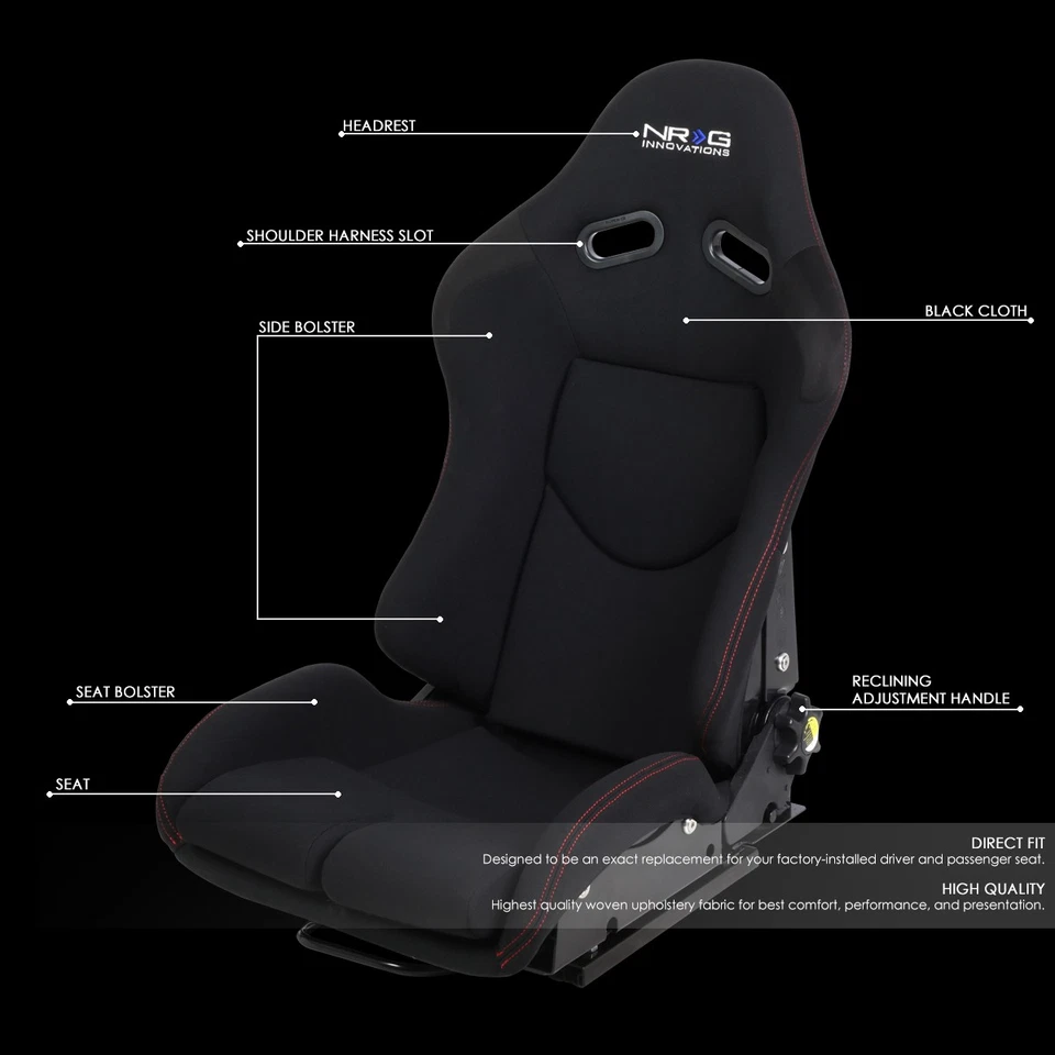 NRG INNOVATIONS RSC-400BK RECLINABLE FABRIC RACE RACING BUCKET SEAT W/SLIDER - Image 2 of 4