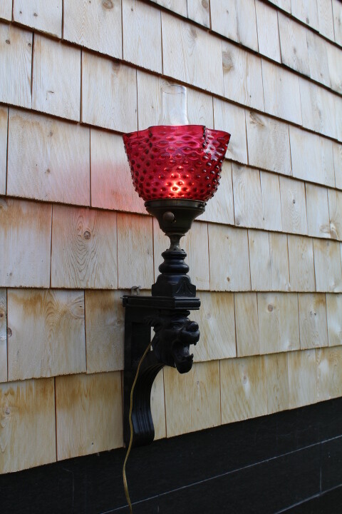 Antique Wood Carved Griffin Lion Head Wall Sconce Cranberry Roller Coaster Shade