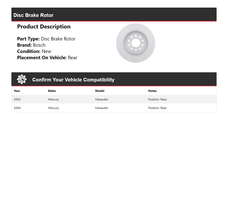Rotor de freno de disco trasero para Mercury Marauder Bosch QuietCast 2003-2004 Foto 2 de 4