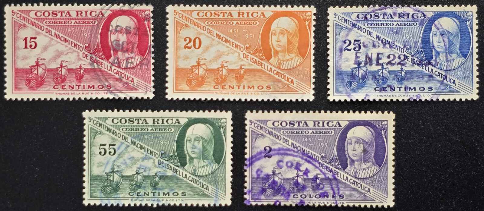 Costa Rica 1952 Isabella Five Stamps Set - Stamps