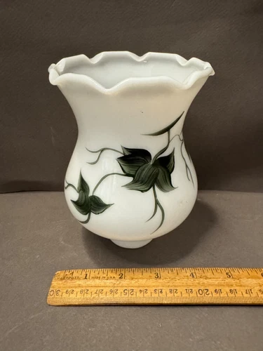 HAND PAINTED IVY LEAF MILK GLASS LAMP SHADE HURRICANE CHIMNEY VINTAGE