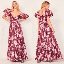 LOVESHACKFANCY Ida Maroon Oxblood Floral Print Puff Sleeve VNeck Maxi Dress 10