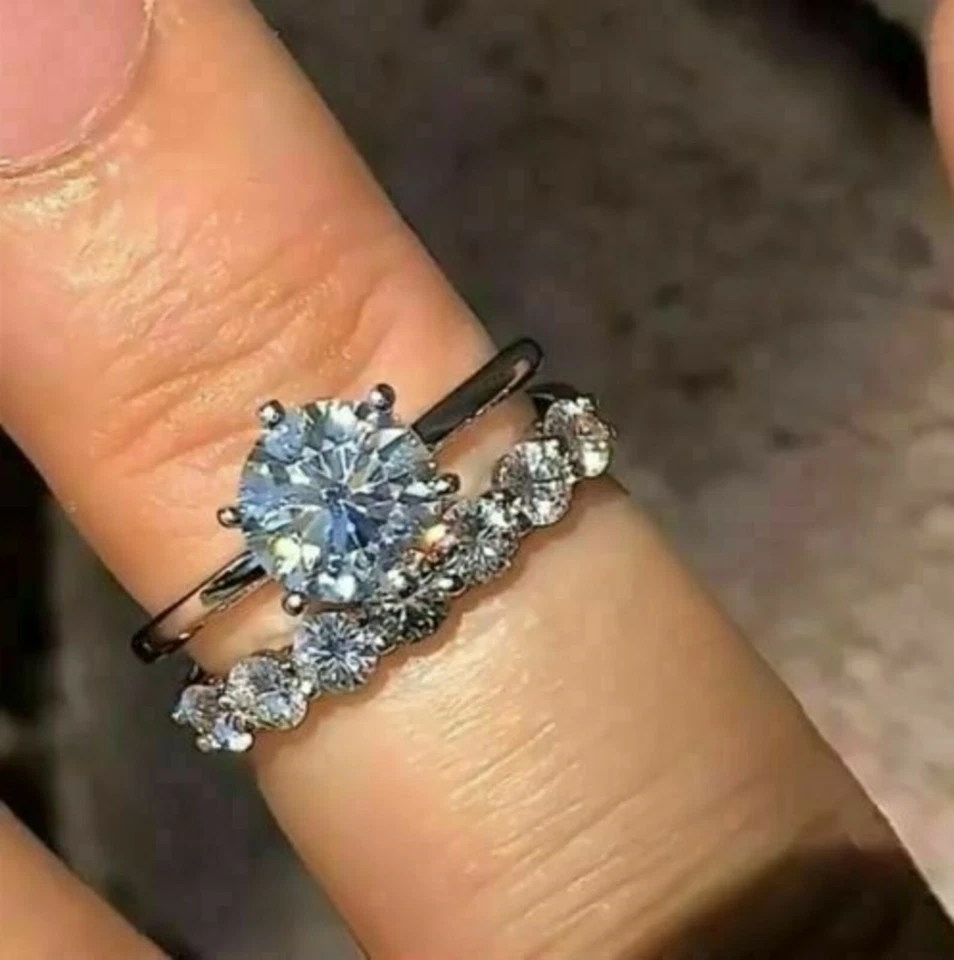 2Ct White Round Moissanite Solitaire Ring & Matching Band Solid 14K White Gold - Image 4 of 4