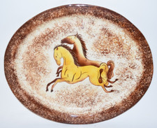 Large Pottery Platter Two Horses Brown Spongeware 17 1/2" x 14" EC