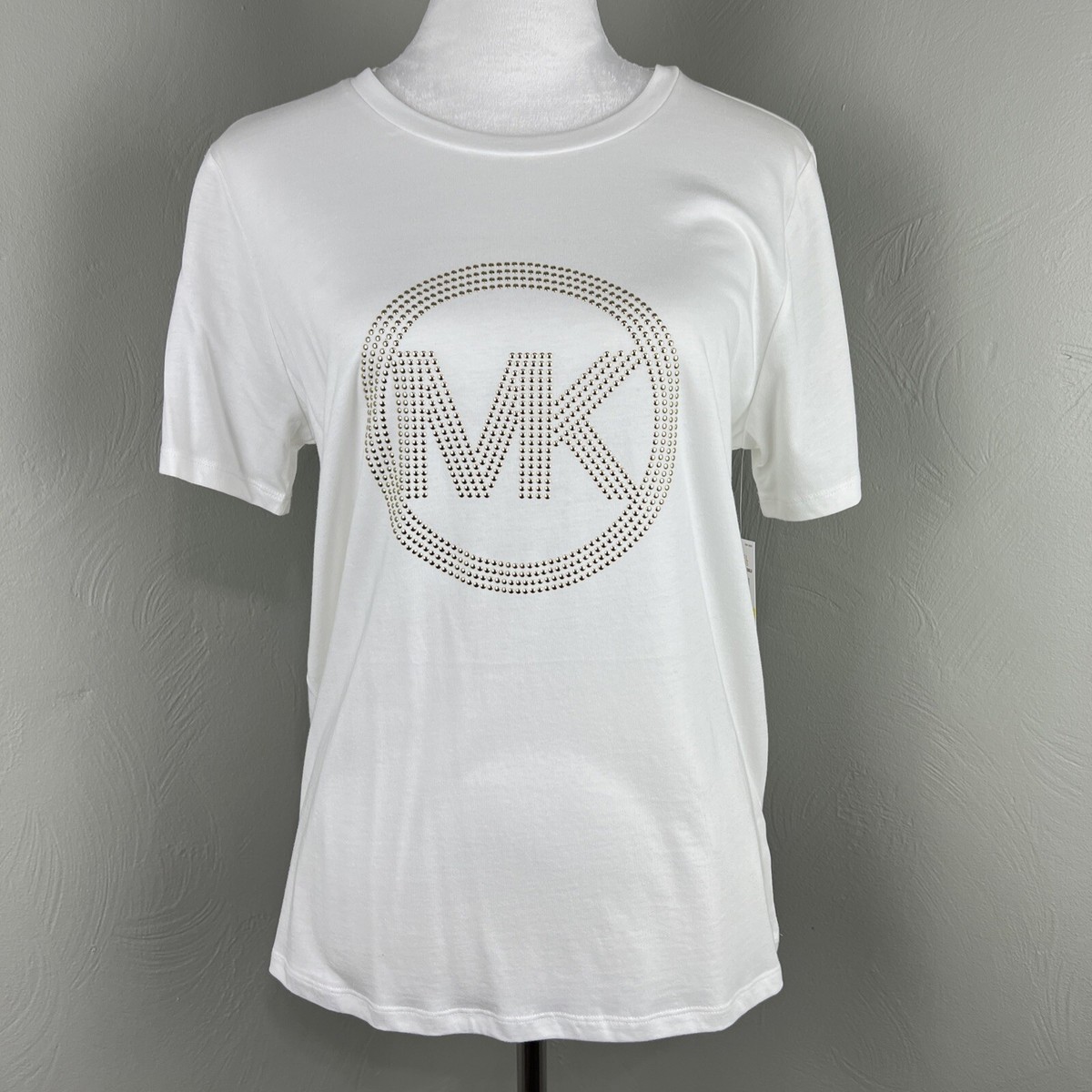NWT WOMEN'S MICHAEL KORS WHITE & GOLD CIRCLE LOGO T-SHIRT