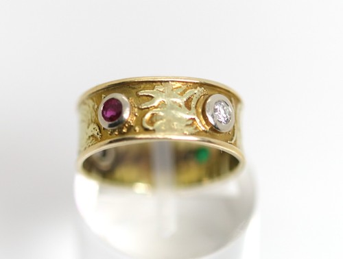Antiker Damenring Gelbgold Brillant Smaragd Rubin, Gravur 1955-56, Größe: 51 - Bild 5 von 14