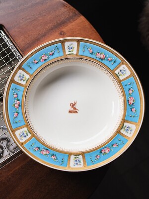 19. Minton Oxford Monogramm Türkis Emaille Rosengirlande, Speiseteller um 1852