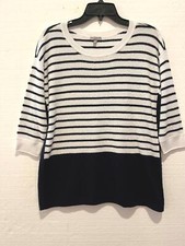 T by Talbots White Navy Striped Tunic Sweater 3/4 Sleeve Cotton Blend Sz MP