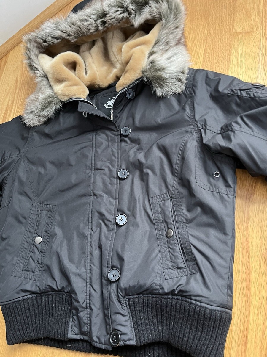 Vintage Y2K Black Cropped Faux Fur Lined Hood Bomber Jacket