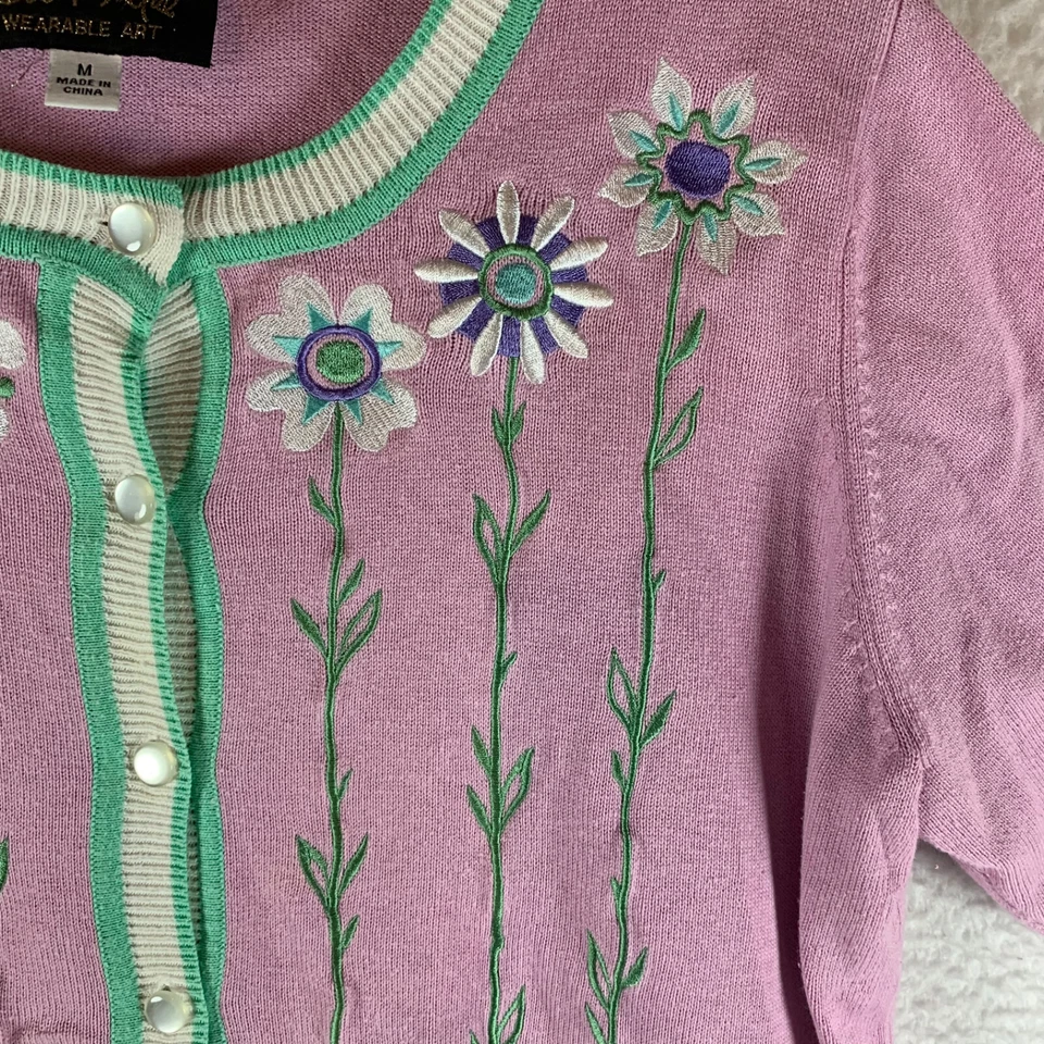 Bob Mackie Wearable Art Womens Pink Floral Short Sleeve Button Up Sweater Size M - Image 2 of 4