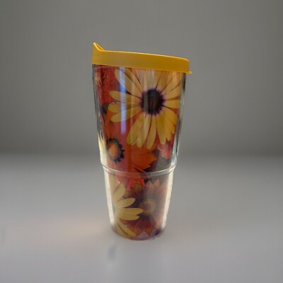 Tervis Tumbler Yellow Lid flowers Daisies Carnations Orange Yellow White