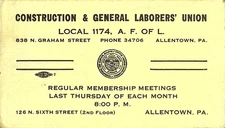 Construction General Laborers Union Local 1174 Allentown PA Membership Card