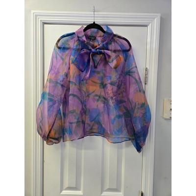 Current Air Purple Floral Sheer Organza Bow Tie Neck Balloon Sleeve Blouse S