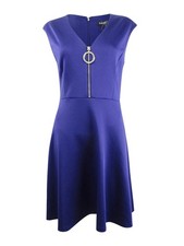 DKNY Women's Cap-Sleeve V-Neck Fit & Flare Dress (8, Blueberry)