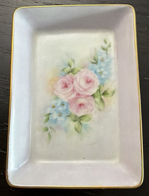 Antique Giraud France Hand Painted Trinket Tray Roses signed L.G.Z. Gold Trim