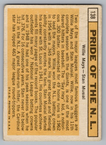 (74910) 1963 Topps #138 Pride of the NL Mays Musial GD - Picture 2 of 2