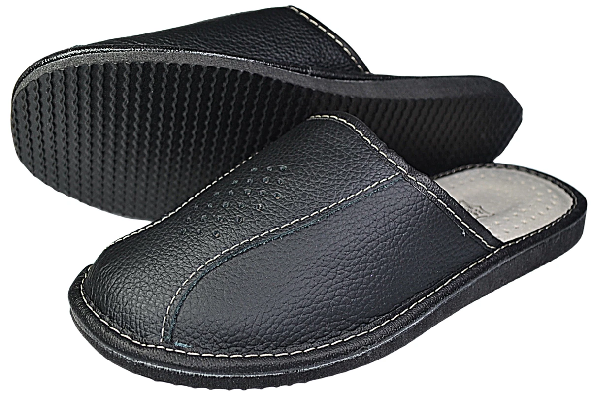 Herren Leder Hausschuhe schwarz Handarbeit Latschen Pantoffeln Schlappen Gr40-46