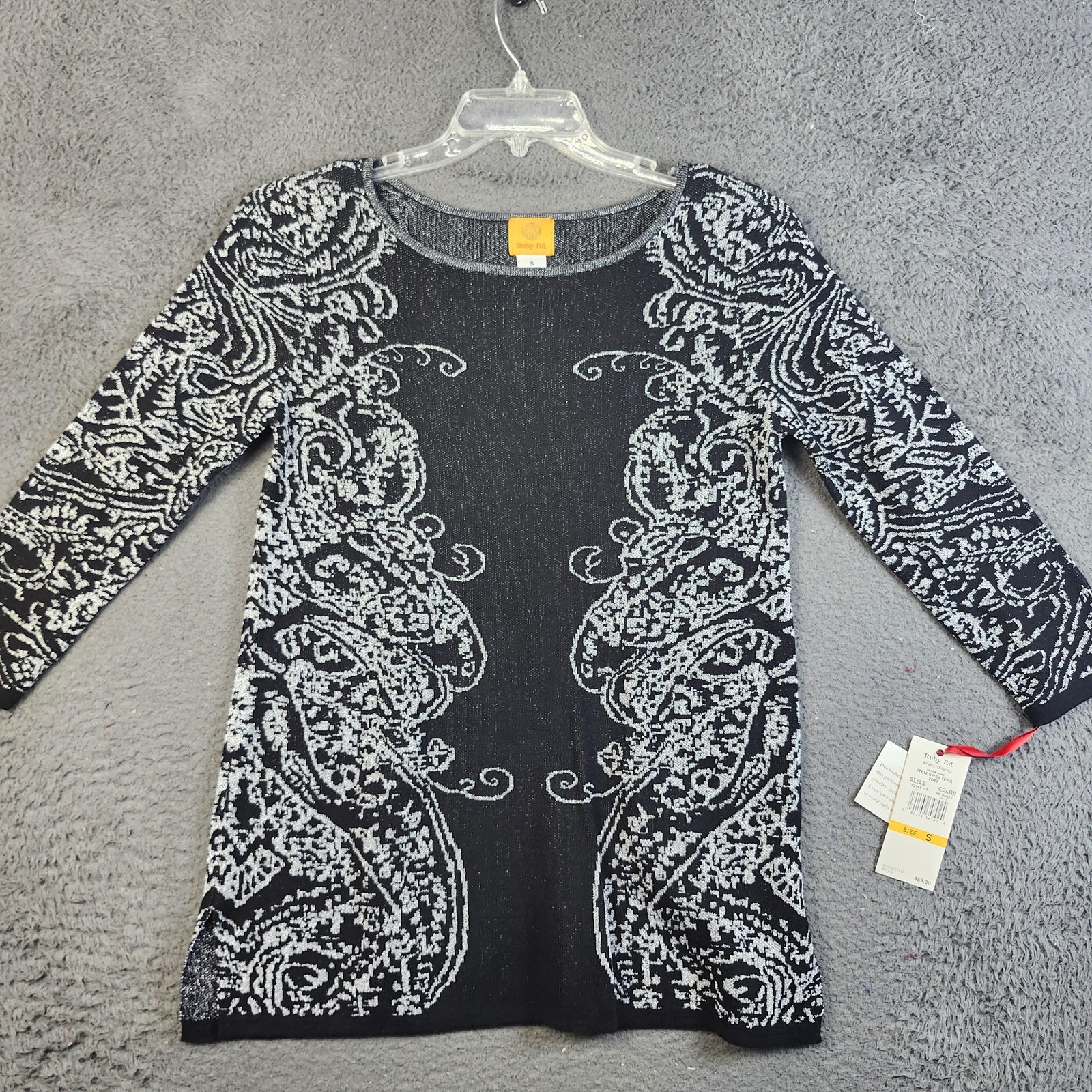 Ruby Rd Sweater Womens Small Black Silver Jacquard Tunic 3/4 Sleeve Top