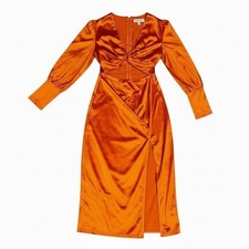 SHEIN Orange Satin Twist-Front Satin Midi Dress L Cutout Long Sleeve Slit