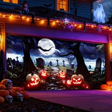 Light Up Halloween Garage Door Cover Halloween Backdrop Cemetery Backdrops wi...