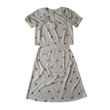 Vintage White With Polka Dot Floral Print Blouse  Skirt Matching 2 Piece Set