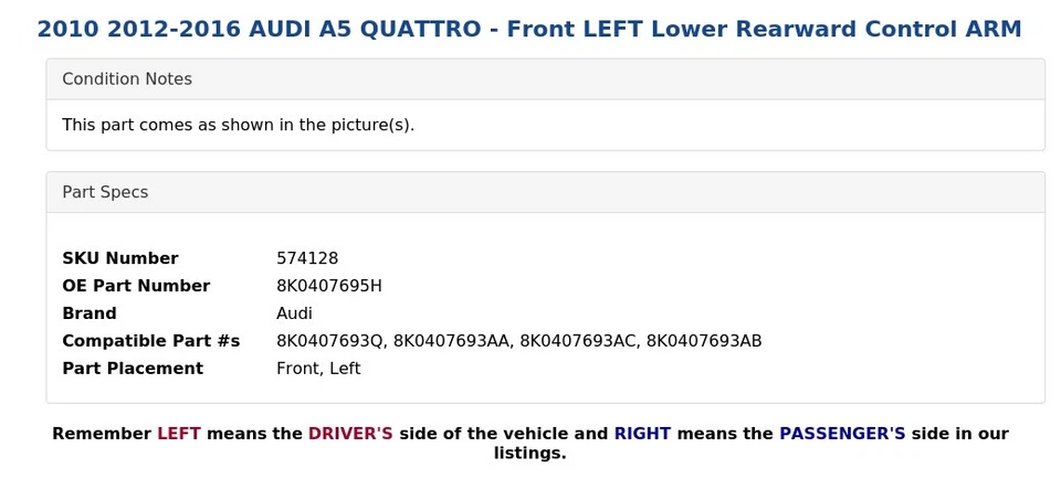 2010 2012-2016 AUDI A5 QUATTRO - Front LEFT Lower Rearward Control ARM - Image 3 of 4