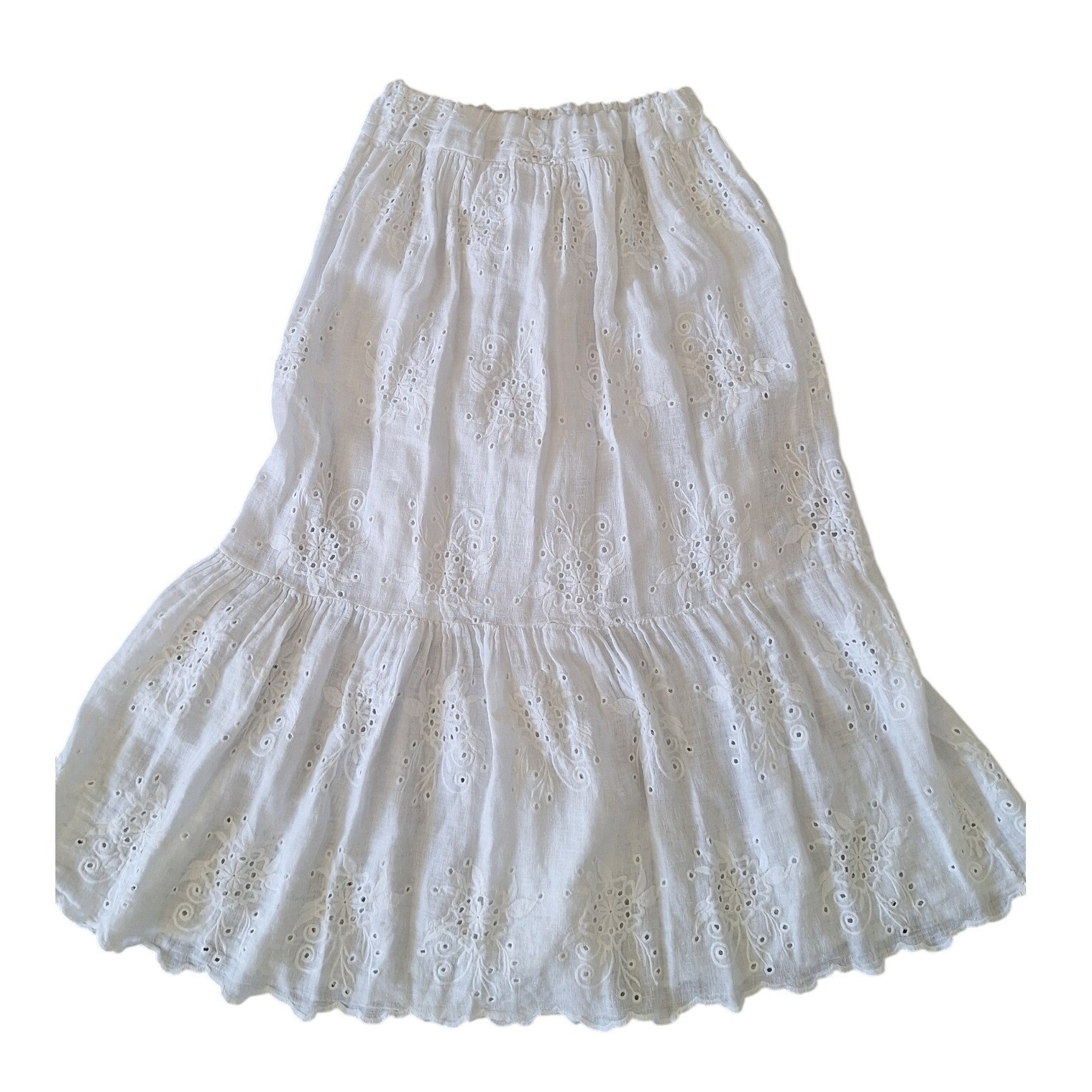 Milio Milano white Maxi Skirt White 100% Linen Crochet Lace Boho Lined size L
