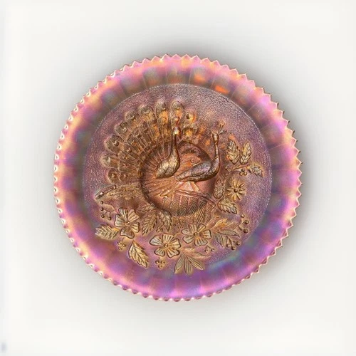 ANTIQUE NORTHWOOD PEACOCKS ON THE FENCE CARNIVAL GLASS PLATE/BOWL - MARIGOLD