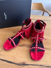 Saint Laurent Sandals Red Suede Fringe Studs Size 37 24cm Excellent Condition JP
