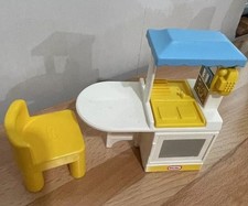 Vtg Little Tikes Dollhouse Party Kitchen Stove Sink Phone Blue/ Yellow w Chair.