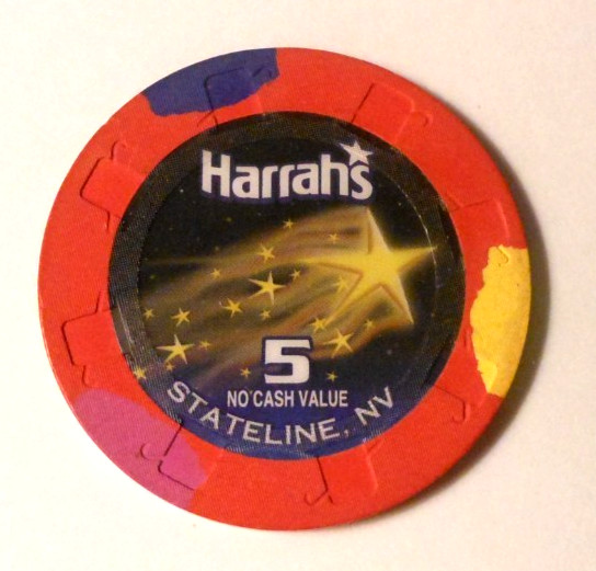 CASINO CHIP "5 NO CASH VALUE" "HARRAH'S" LAKE TAHOE, NV. lightly used 1 7/8" dia