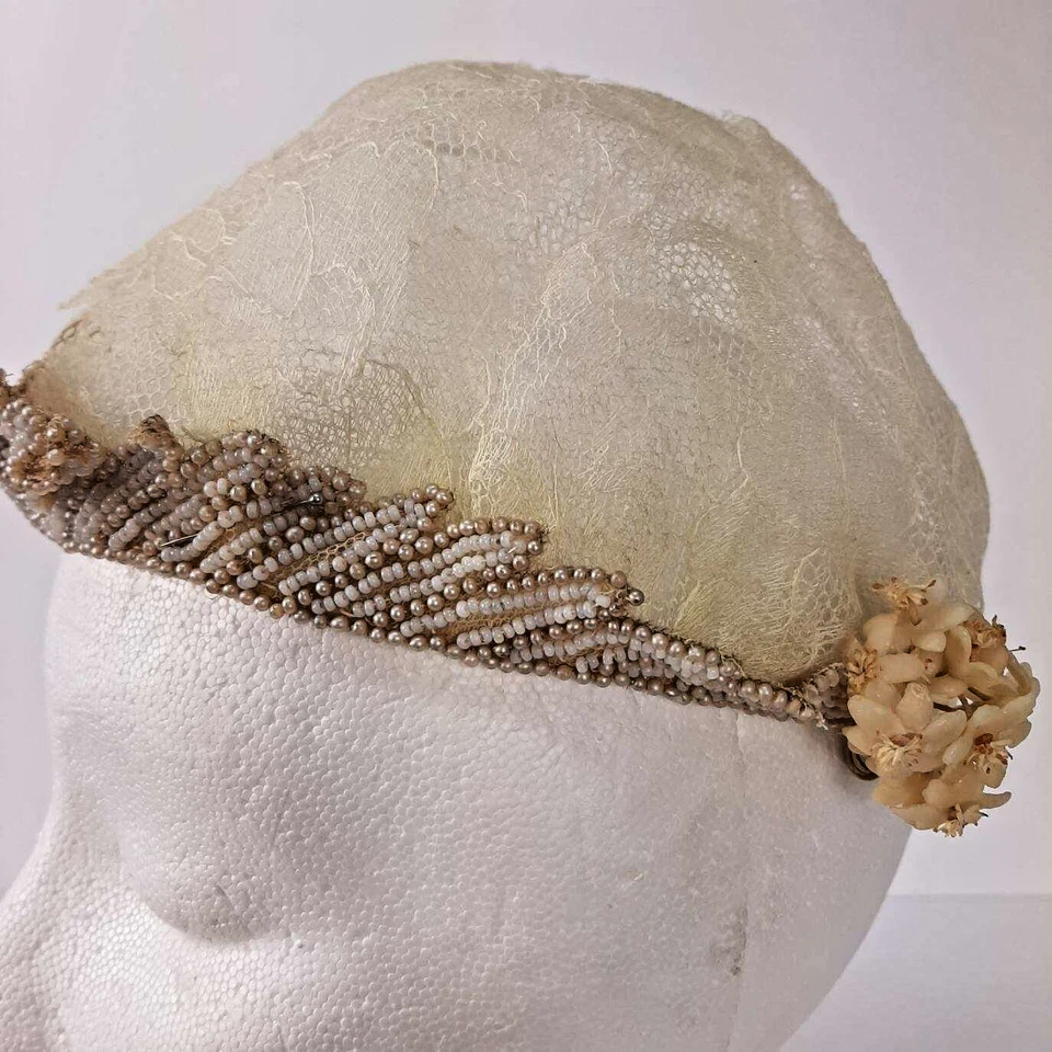 VTG Bridal Cap Beaded Headpiece Wax Flowers 2-Layer Netting Floral Lace Juliet - Image 3 of 4