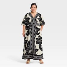 Women Puff Short Sleeve Maxi Dress - Ava & Viv Black Floral