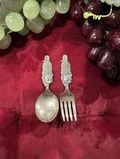 VTG Weidlich Sterling Silver Baby Spoon & Fork Set Kitty Cat Handle Signed 31.8g