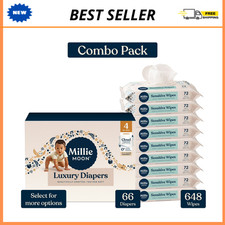 Millie Moon Luxury Diapers Size 4 66ct, Sensitive Baby Wipes 9 Pack 648ct Combo