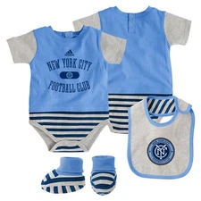 New York City FC MLS Adidas Newborn Blue "Mismat" Creeper, Bib & Bootie Set