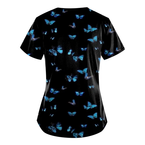 Women Printed Scrub Working Uniform V-Neck Short Sleeve Workwear Tee With Pocket - Picture 9 of 39