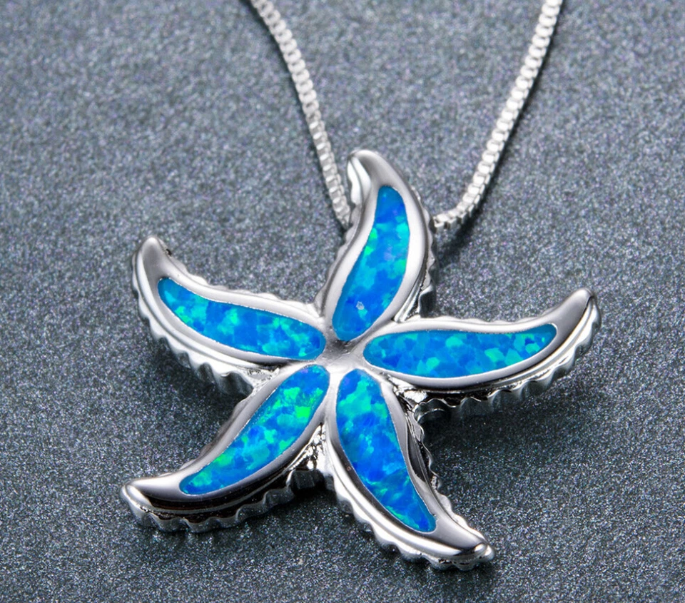 E08 Seestern Krafttier Schamane Opal blau versilbert Anhänger und Kette - Bild 3 von 4