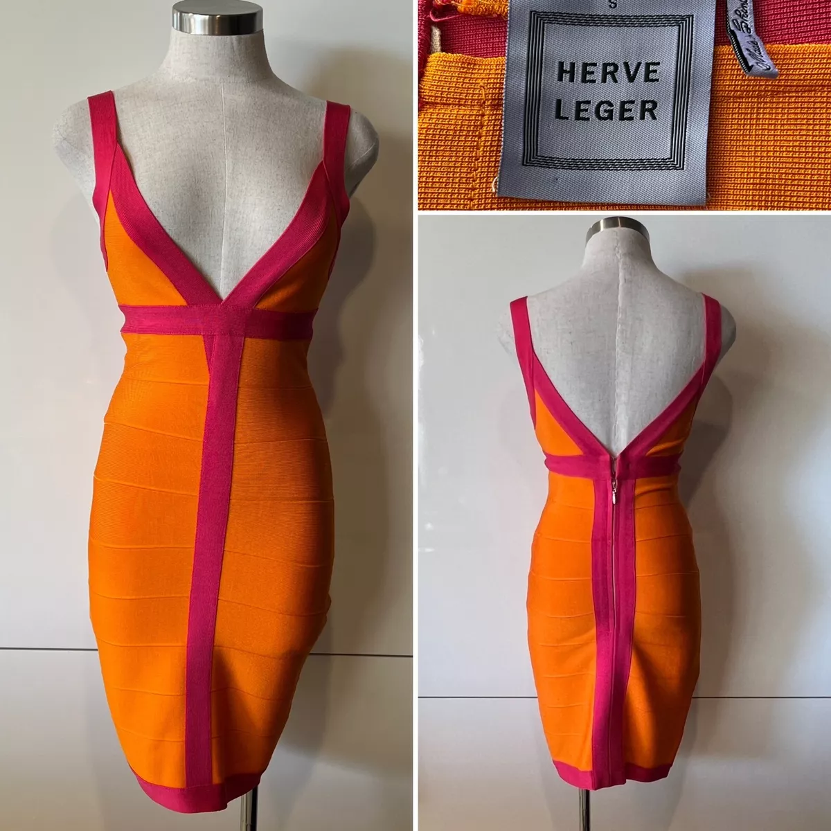 HERVE LEGER ORANGE/PINK RAYON/SPANDEX BANDAGE SHORT DRESS S/4-6US/8-10AUST