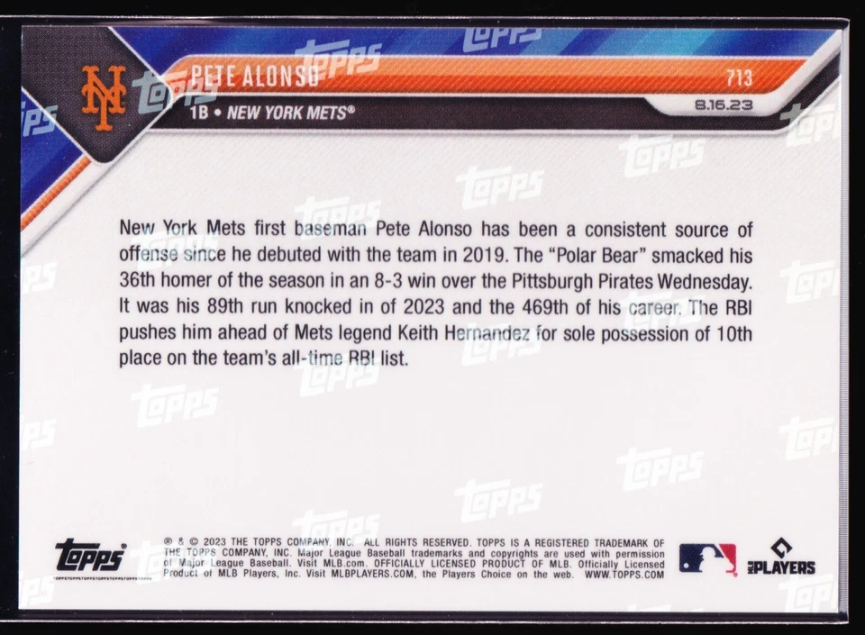 Pete Alonso New York Mets Passes Keith Hernandez RBI 2023 TOPPS NOW #713 SP Base - Image 2 of 2