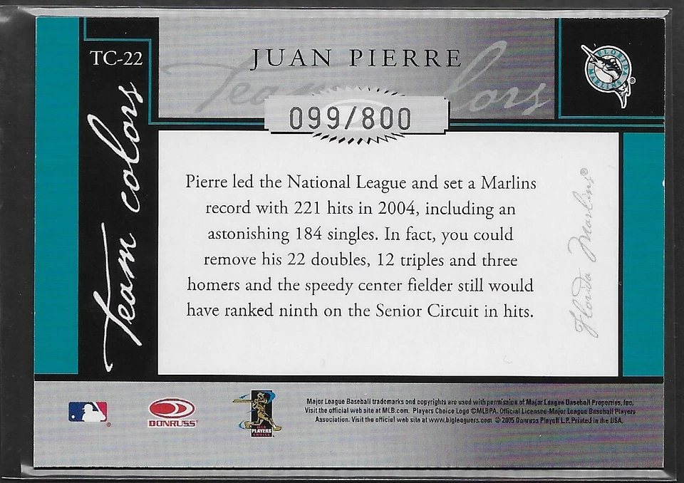 2005 Donruss Classics Team Colors #22 Juan Pierre #'d/800 - Image 2 of 2