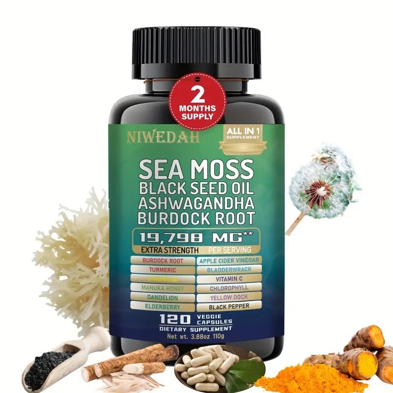 Sea Moss, Black Seed Oil, Ashwagandha, Turmeric, Ginger, All in 1, 120