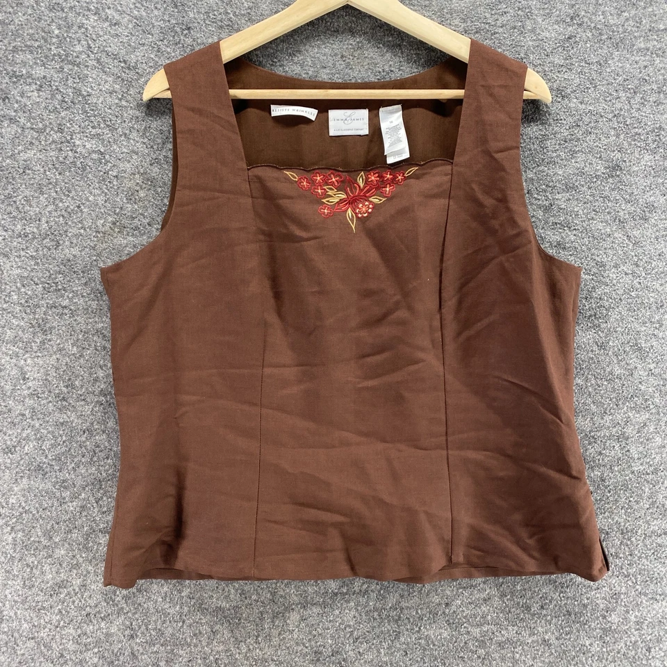 Emma James Blouse Women 16 Plus Brown Floral Embroidered Linen Square Neck Lined - Image 4 of 4
